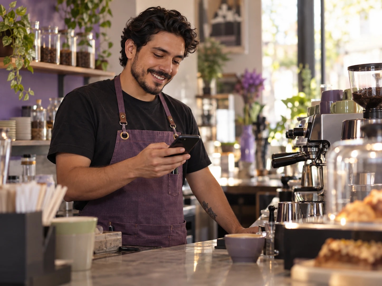 Emprendedor en su cafetería revisando su celular